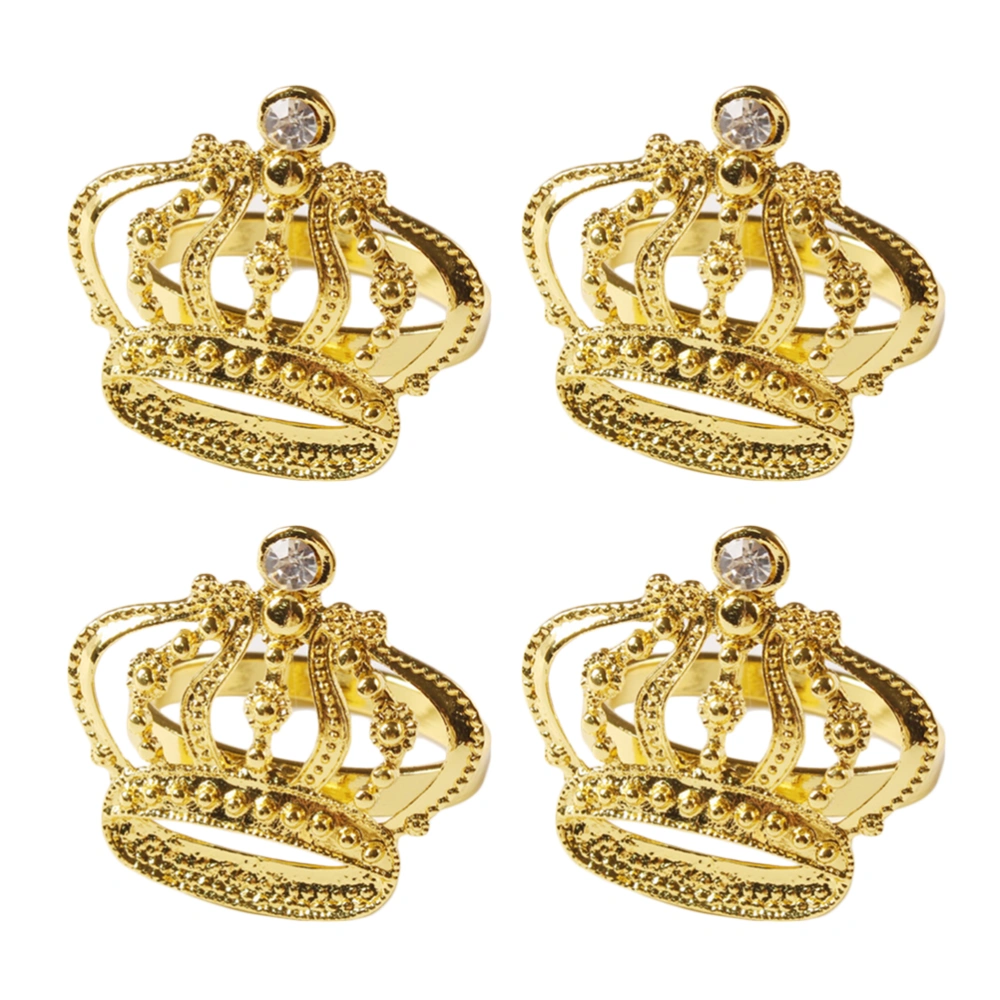 4pcs Golden Fashion Napkin Rings Sparkling Rhinestone Napkin Buckles Crown Shape Napkin Holders Dinning Table Setting Decoration for Wedding Party Table