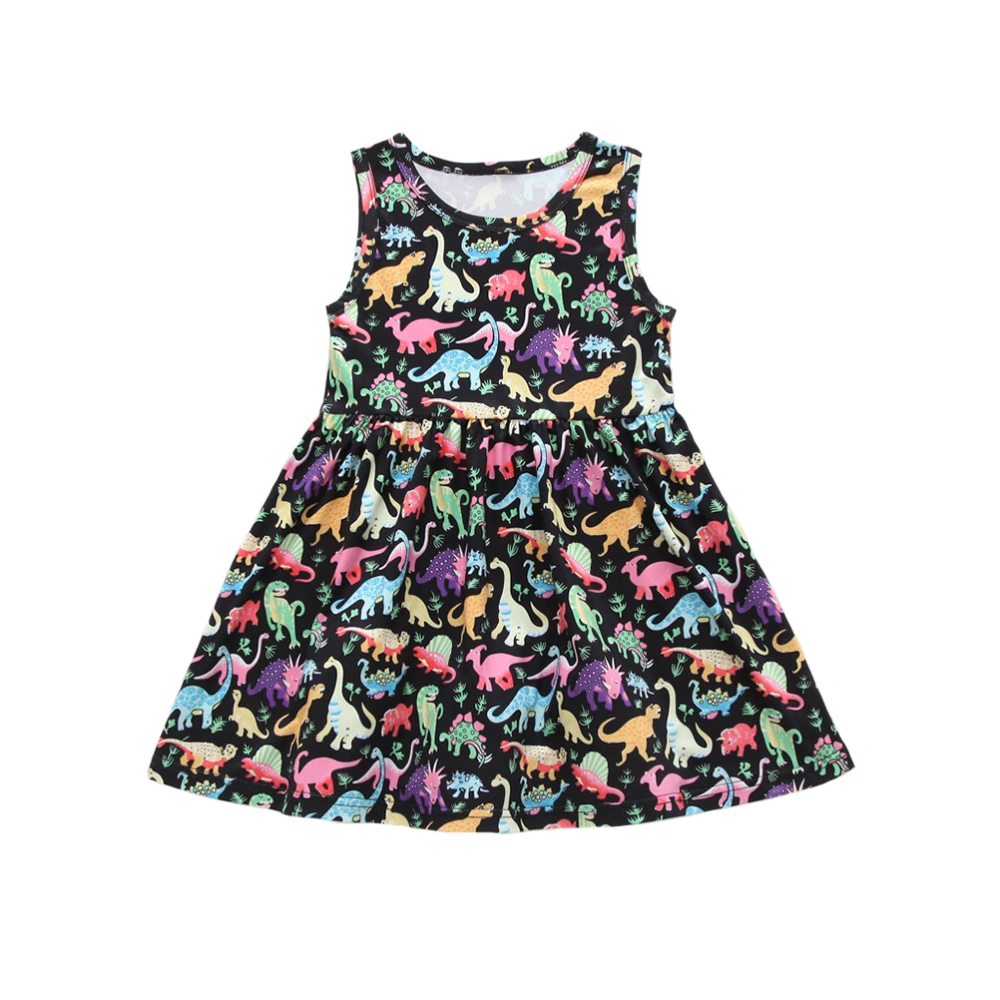 Sweet Skirt Dinosaur Printing Sleeveless Round Neck Dress Girl's Puff Skirt Costume Outfit Summer Apparel (Suitable for the Girl 120cm High, Black)