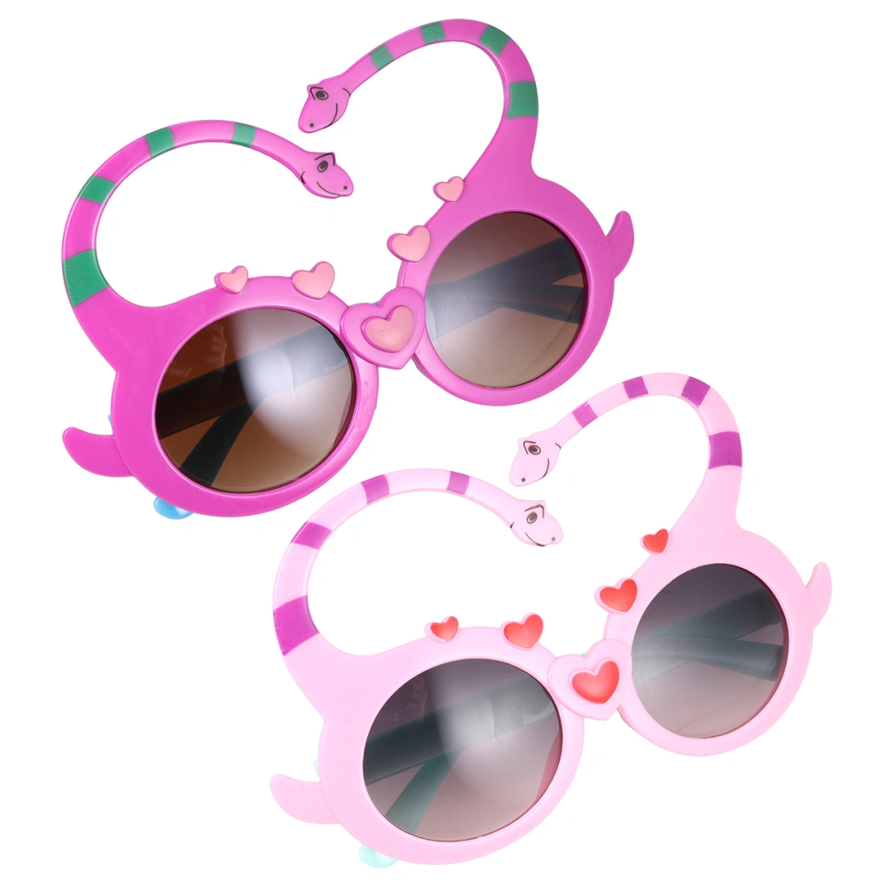 2pcs Long Neck Dinosaurs Sunglasses Cartoon Party Prop Dinosaur Eye Glasses Funny Cosplay Glasses Party Supplies (Purple and Pink)