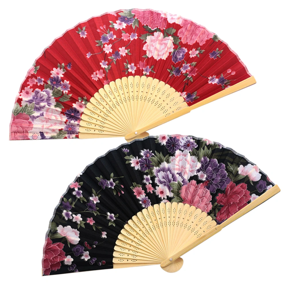 2pcs Party Folding Fan Vintage Style Collapsible Fan Flower Hand Fan Retro Elegant Floral Fan For Summer Hawaiian Party Decor(Black and Red)