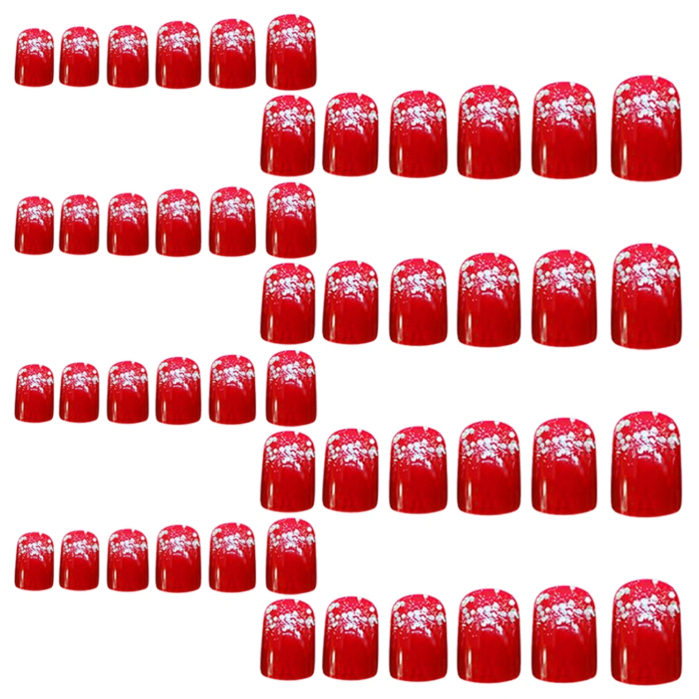 2 Boxes/48PCS Delicate Glitter Creative Nail Art Stickers Red Fake Nail Decals Manicure Decor Fashion Nail Tips with Glue for Women Girls Ladies