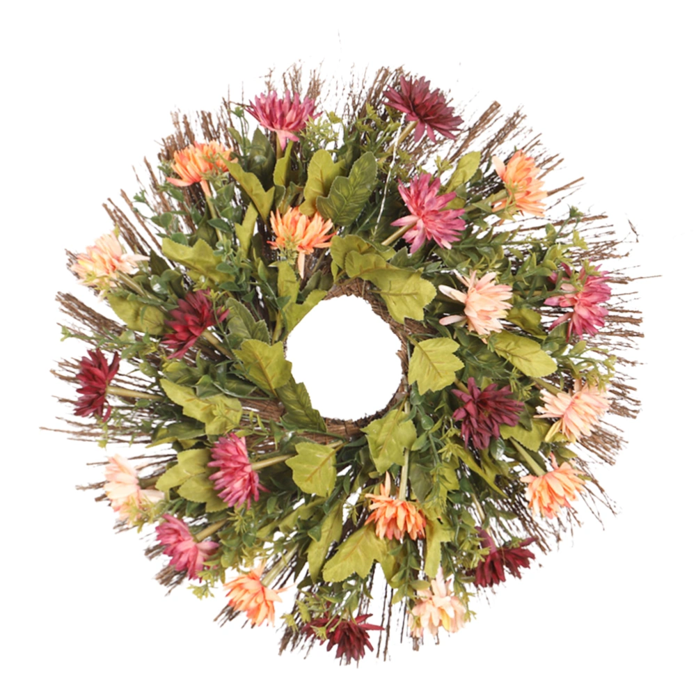 Simulated Chrysanthemum Wreath Garland Pendant Wreath Wooden Rattan Hanging Ornaments (Pink Rosy)
    