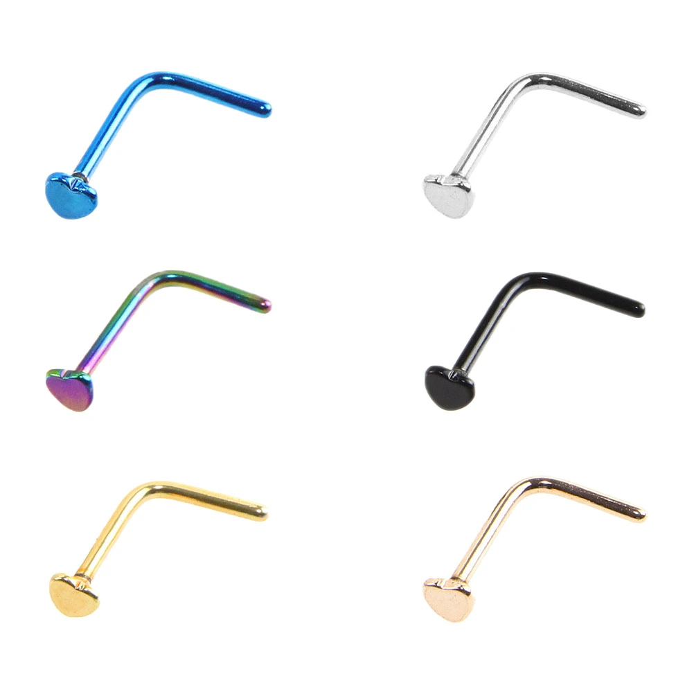 6PCS L-shaped Heart-shaped Nose Studs Delicate Nose Rings Smooth Ear Studs Curved Rod Nose Jewelry for Women Men Wearing (Silver+Black+Golden+Blue+Colorful+Rose Gold)