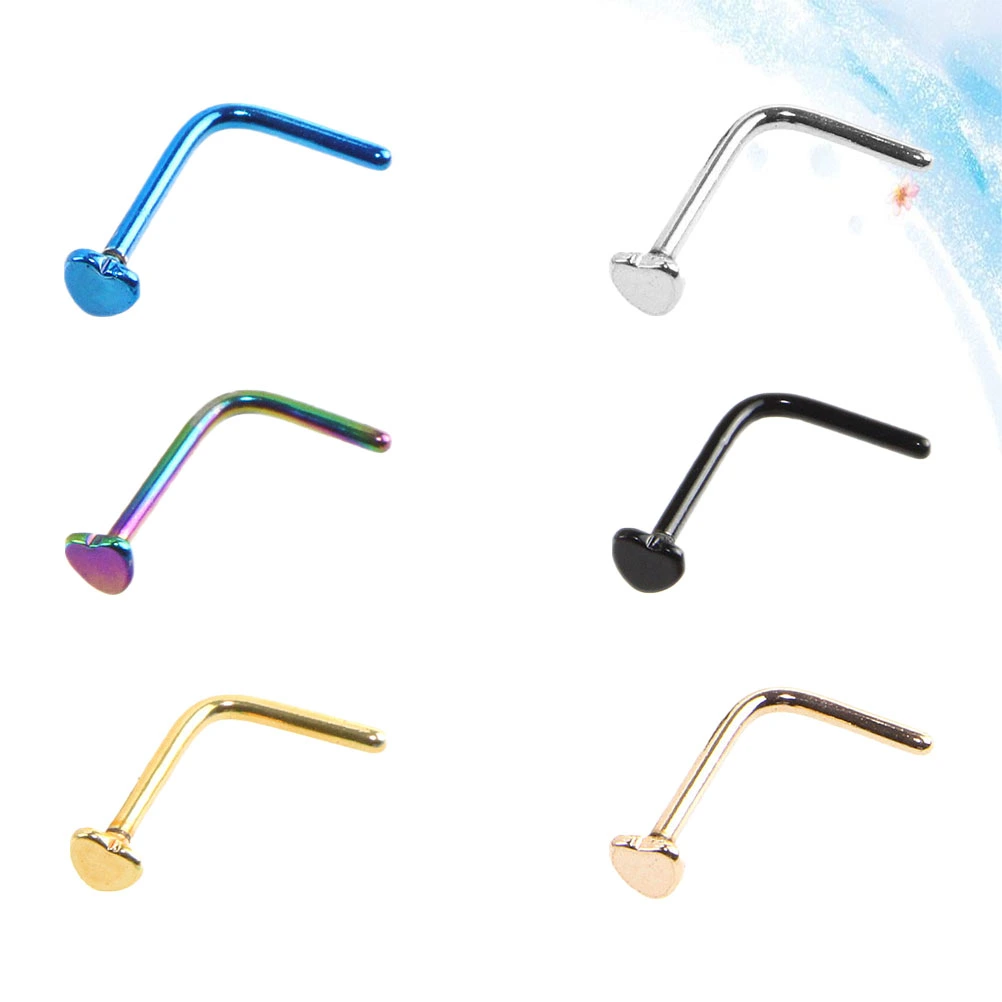 6PCS L-shaped Heart-shaped Nose Studs Delicate Nose Rings Smooth Ear Studs Curved Rod Nose Jewelry for Women Men Wearing (Silver+Black+Golden+Blue+Colorful+Rose Gold)