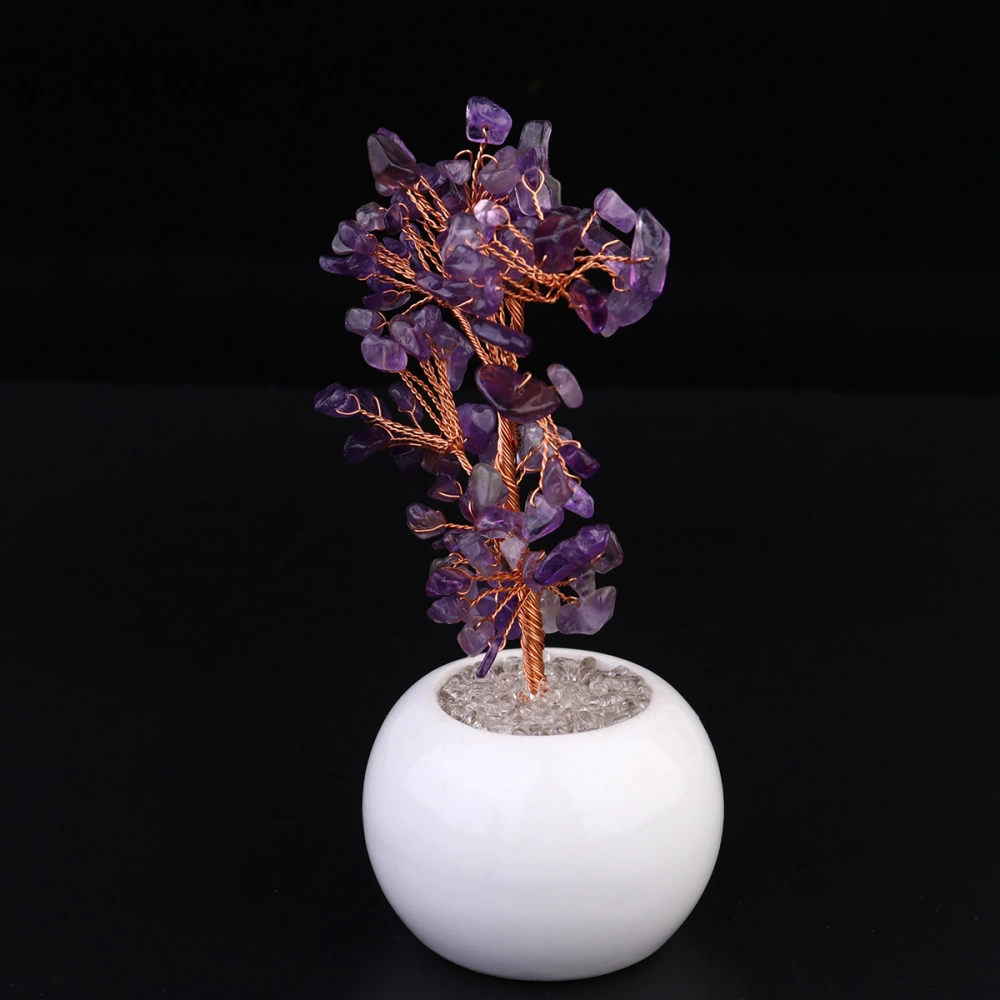 Natural Crystal Decoration Fortune Money Tree with White Porcelain Pot Desktop Ornament Crafts Gifts (Purple)