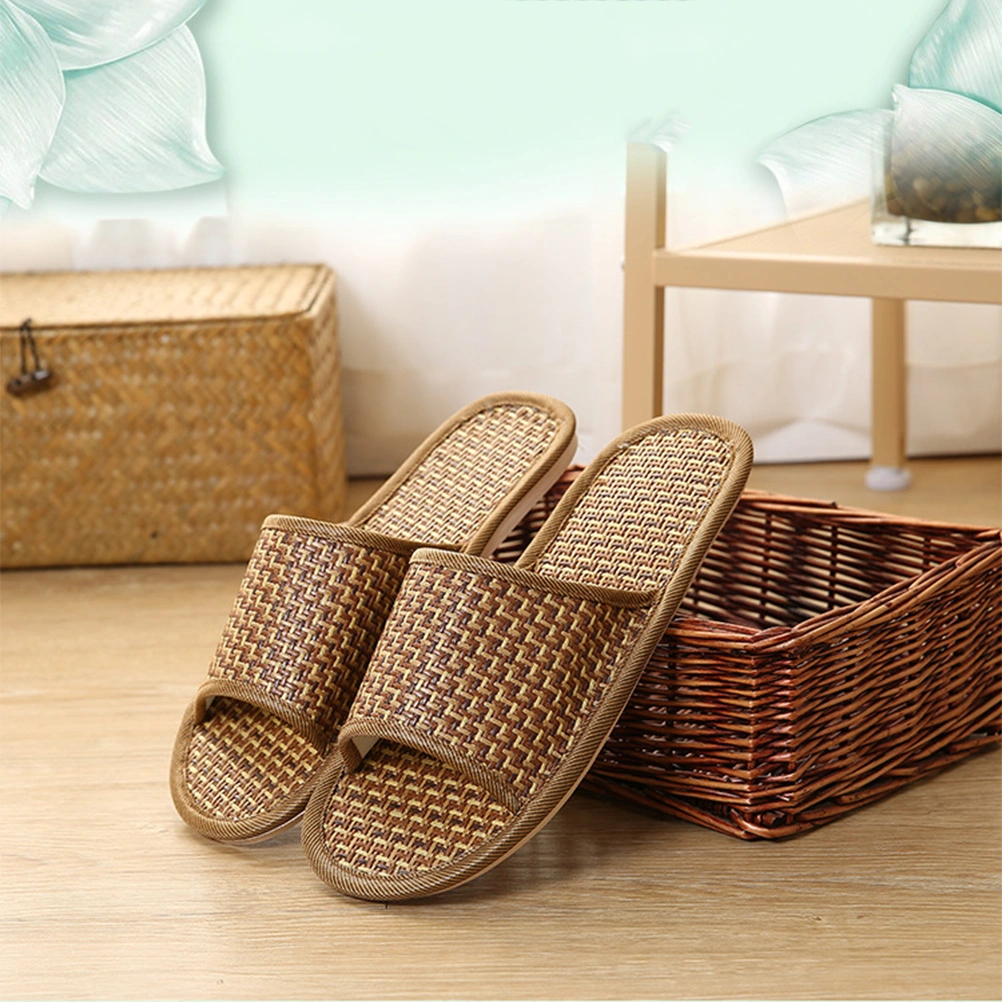 1 Pair Rattan Woven Slippers Summer Cool Sandals Non-slip Platform Shoes for Home (Light Brown Size 39-40 24.5cm Length 7.5US 5UK 38.5EU 9.6285 Inch)