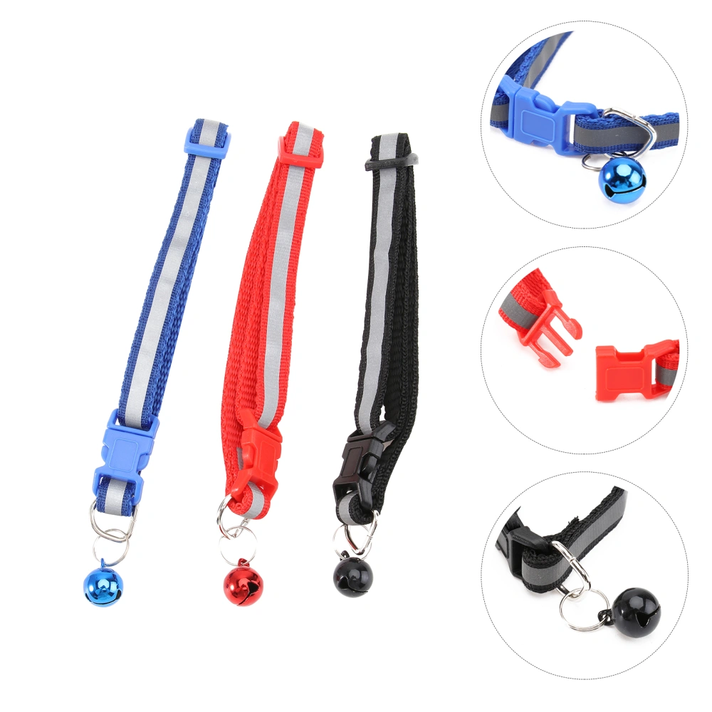 3pcs Adjustable Reflective Pets Collar with Bell for Cat Kitty Puppy Small Dogs (Red + Blue + Black)