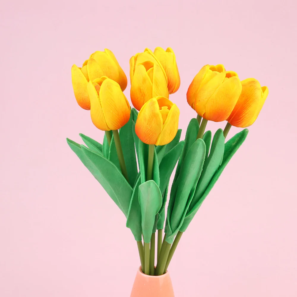 10pcs Fake Tulips PU Desktop Ornaments Colorful Funny Decorative Fake Tulips Ornaments for Home Store (Orange Yellow)