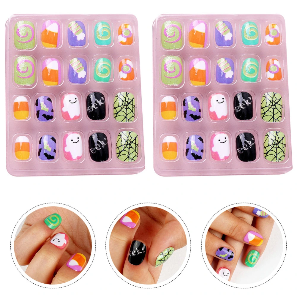 40pcs/2 Boxes Kids Fake Nails Assorted Patterns Full Cover Artificial Nails