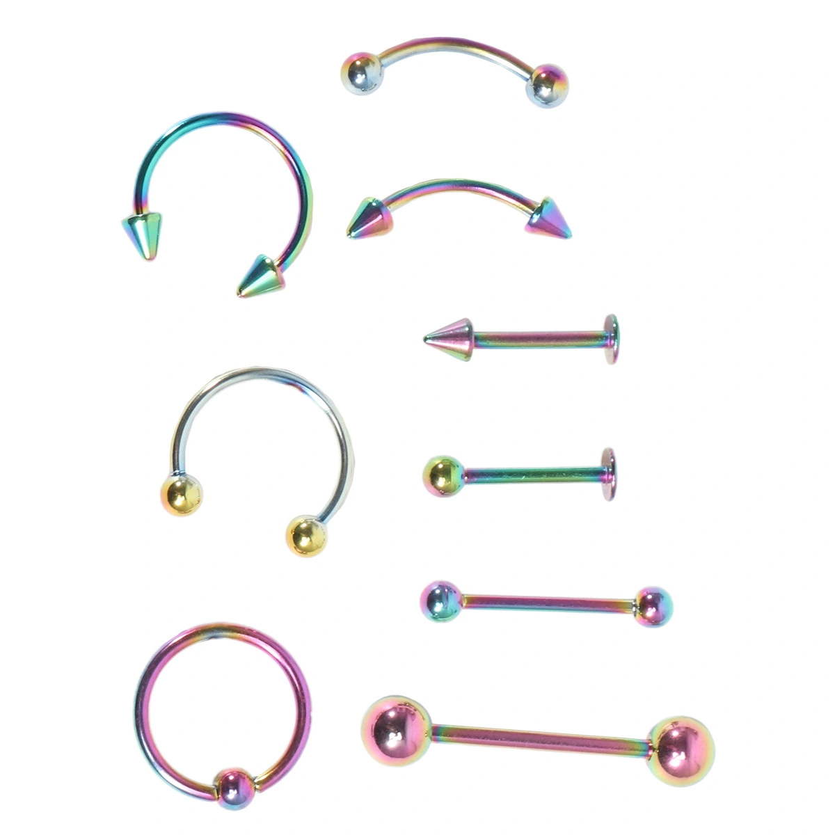 9pcs of One Set Delicate Curved Ring Labret Piercings Jewelry Metal Tongue Pin Simple Body Jewelry Set (Colorful)