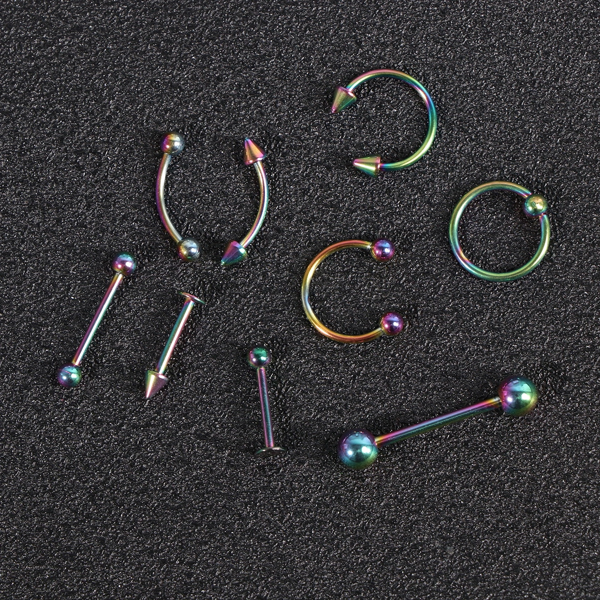 9pcs of One Set Delicate Curved Ring Labret Piercings Jewelry Metal Tongue Pin Simple Body Jewelry Set (Colorful)