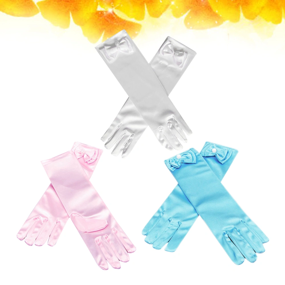 1 Set of 3 Pairs Girls Satin Dress Up Gloves Wedding Bow Party Gloves for Kids Party （White+Pink+Light Blue)