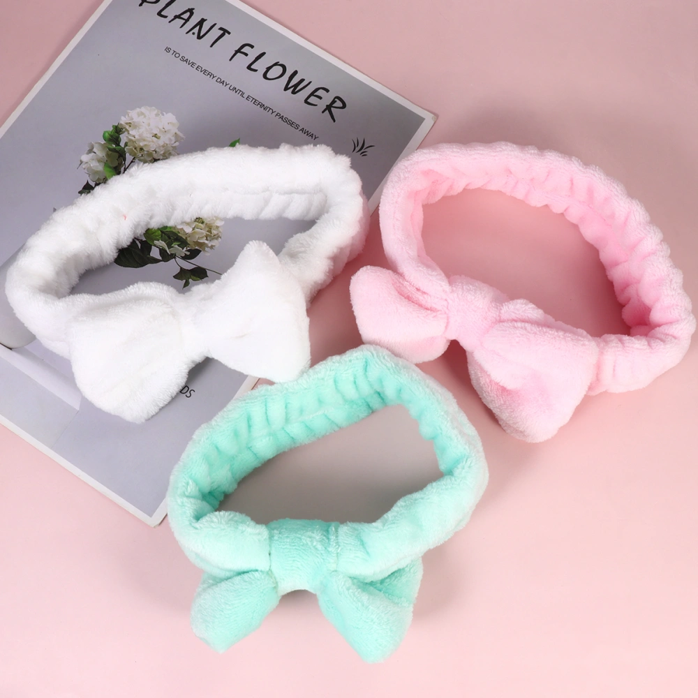 3pcs Women Coral Fleece Headband Adorable Bowknot Face Washing Hair Elastic Makeup Headband Set for Woman Girl (Green, White, Pink)