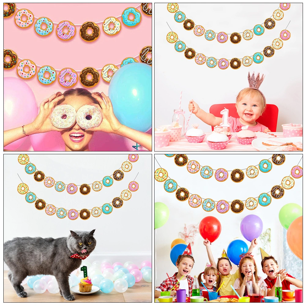 2 Pcs Donut Theme Party Banners Donut Bunting Doughnut Party Hanging Decors