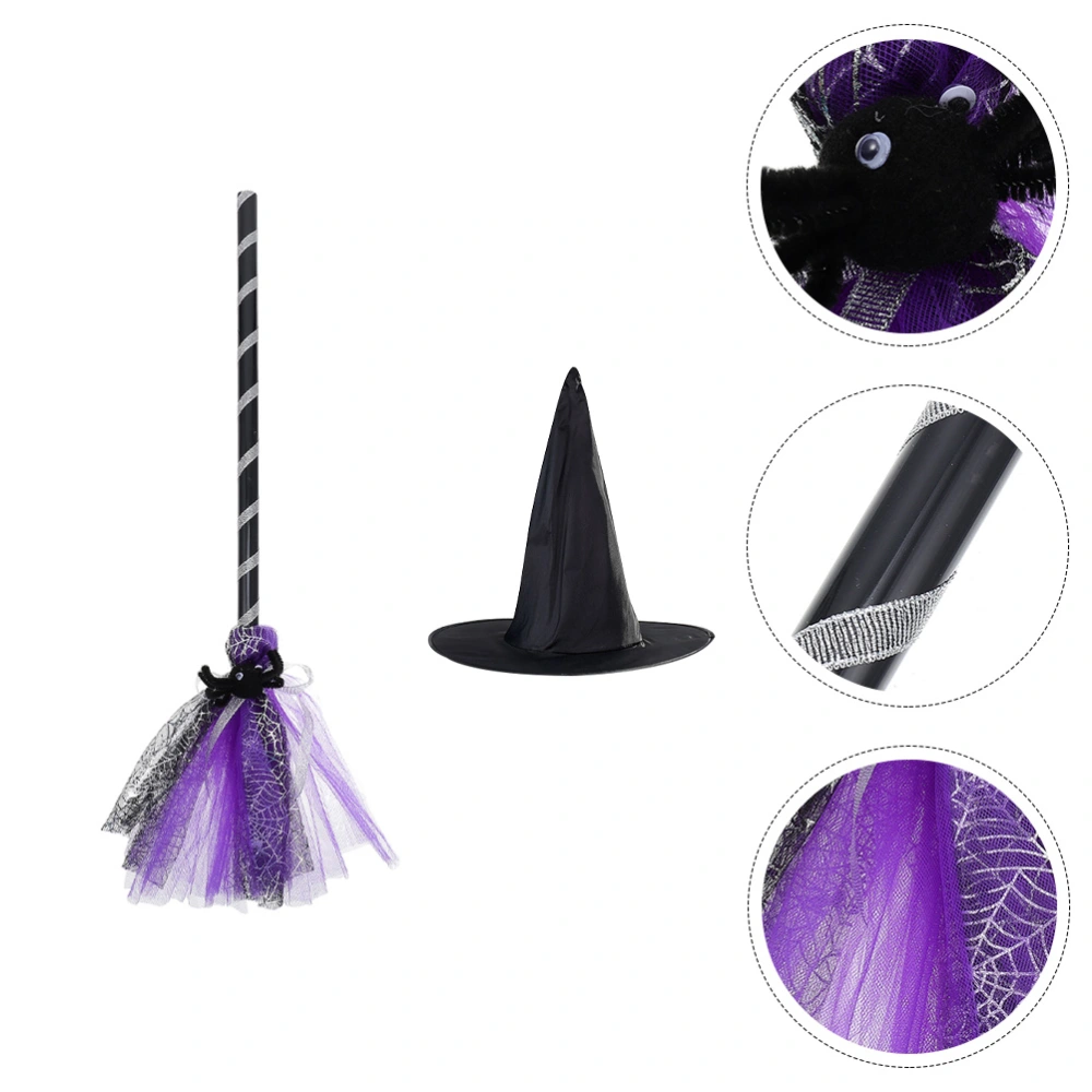 1 Set Masquerade Hat Broom Prop Halloween Party Cosplay Witch Broom Costume Accessories