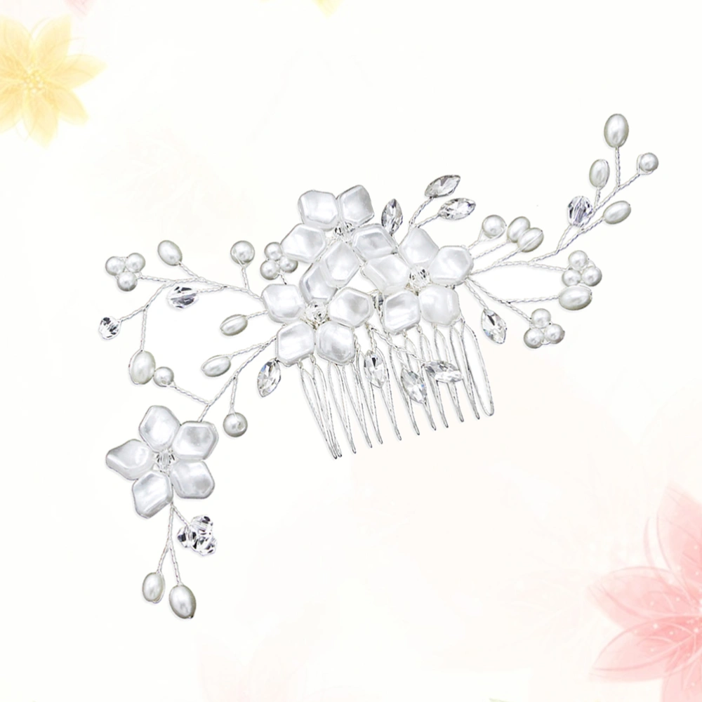 Silver Floral Hair Comb Artificial Pearl Headdress Rhinestone Hair Accessories Elegant Bridal Hair Decoration Wedding Photo Props 