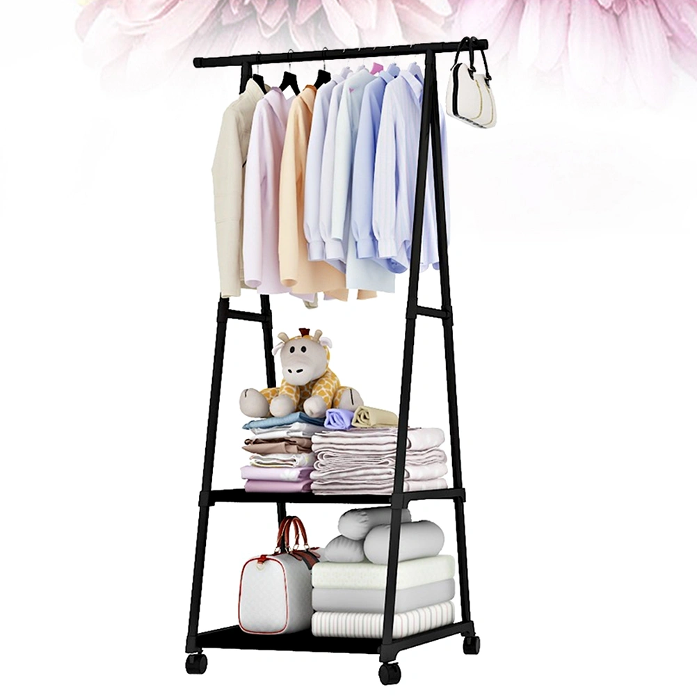 1PC Multifunctional Garment Rack Metal Clothes Coat Shoe Storage Shelf Practical Clothes Drying Hanger Clothes Stand with Wheels (Black)