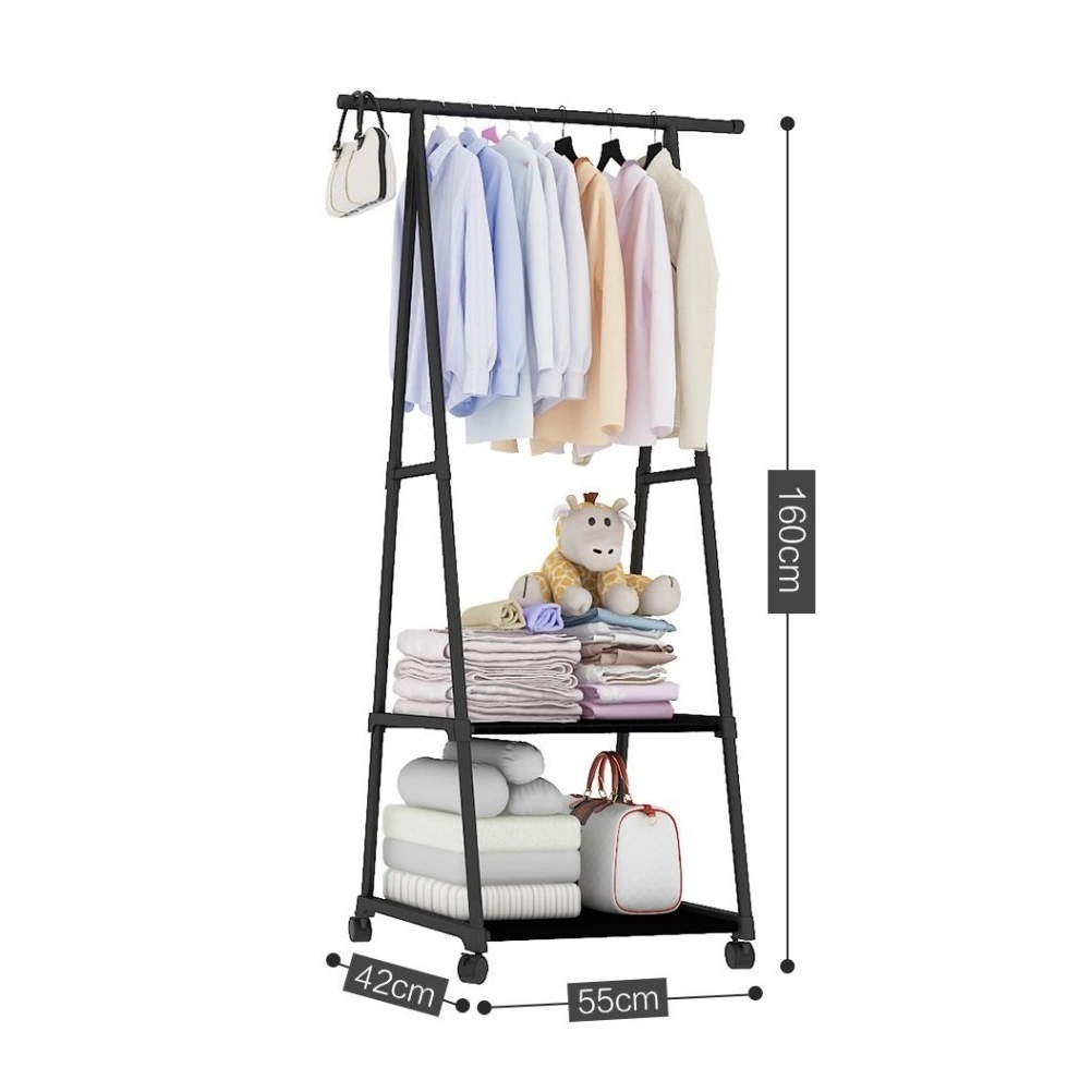 1PC Multifunctional Garment Rack Metal Clothes Coat Shoe Storage Shelf Practical Clothes Drying Hanger Clothes Stand with Wheels (Black)