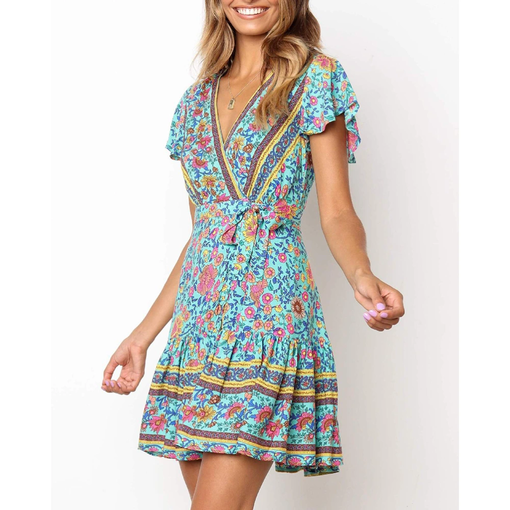 1PC V-neck Printing Dress Short Sleeved Dress All-match Summer Dress Fashion One-piece Dress for Woman Girl (S)