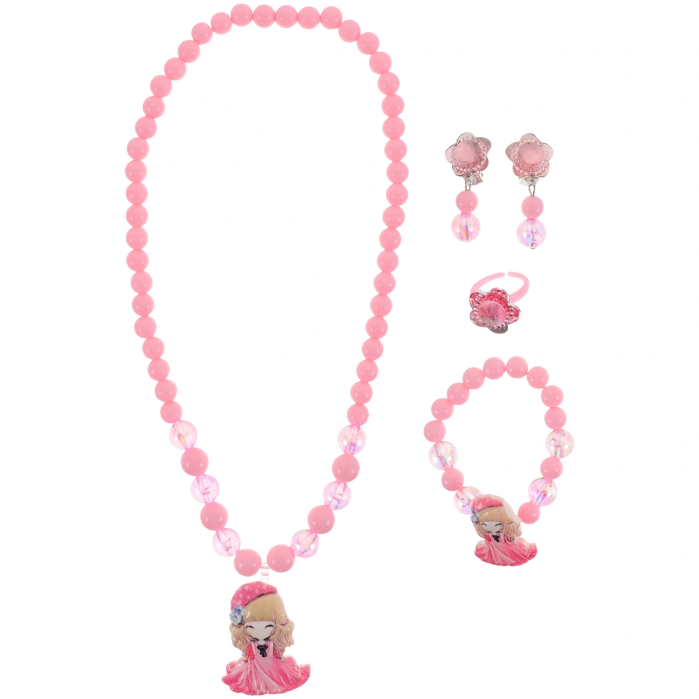 5pcs Jewelry Set Lovely Necklace Earrings Bracelet Ring Decoration for Kids Girls (Pink)