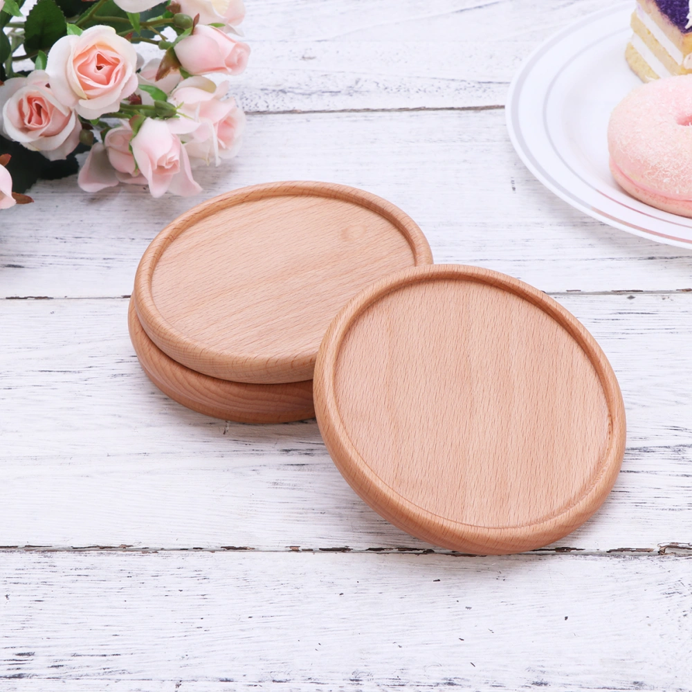 4 Pcs Beech Coasters Round Solid Wood Tray Heavy Duty Stackable Insulation Mat Cup Bowl Pad with Groove for Home Kitchen Bar (10x10cm)