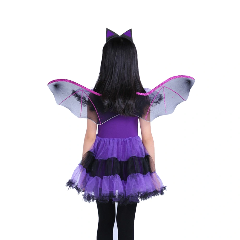 Kids Halloween Witch Costume Outfit Girl Cosplay Dress Wing Headband Set Halloween Masquerade Dress-up Accessory (Size 3)