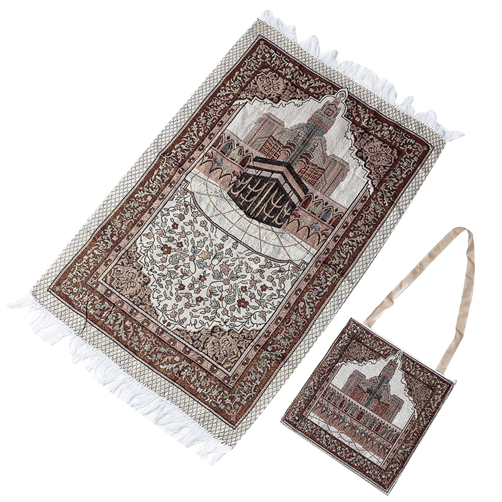 Vintage Mosque Printing Cotton Prayer Mat Floral Muslim Islamic Prayer Rug Rectangular Worship Carpet Meditation Pilgrimage Blanket with Storage Bag