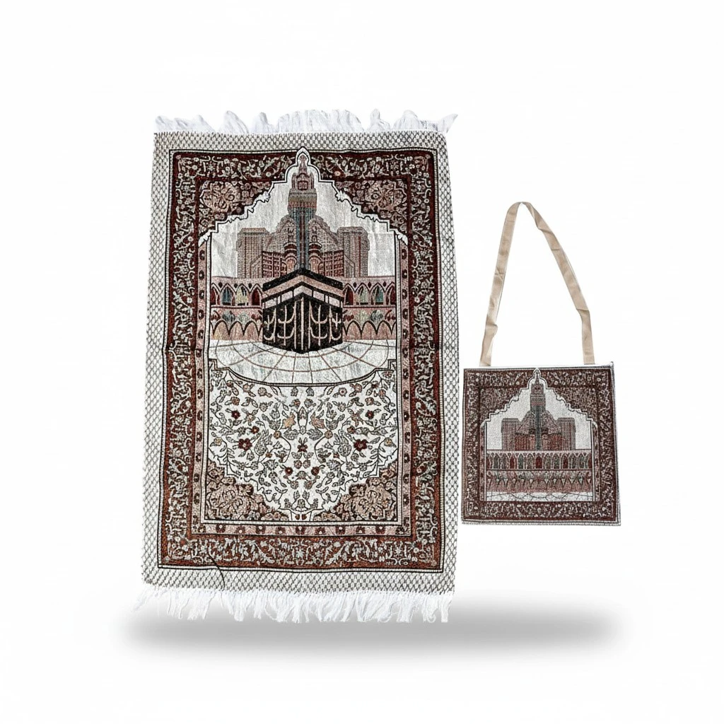 Vintage Mosque Printing Cotton Prayer Mat Floral Muslim Islamic Prayer Rug Rectangular Worship Carpet Meditation Pilgrimage Blanket with Storage Bag