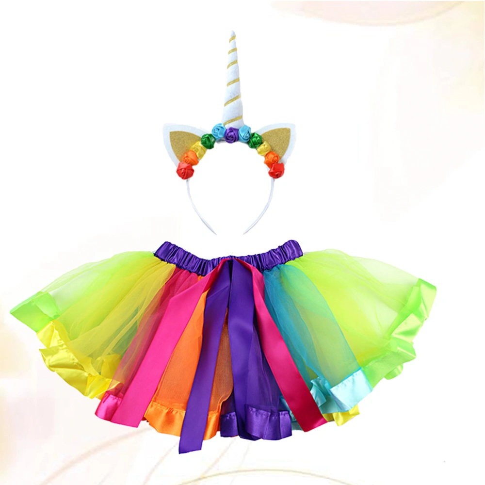 1 Set Skirt Suit Bubble Skirt Rainbow Bubble Skirt  Unicorn Hair Band for Party Performance Decoration (Size L Suitable for 6-10 Years Old)