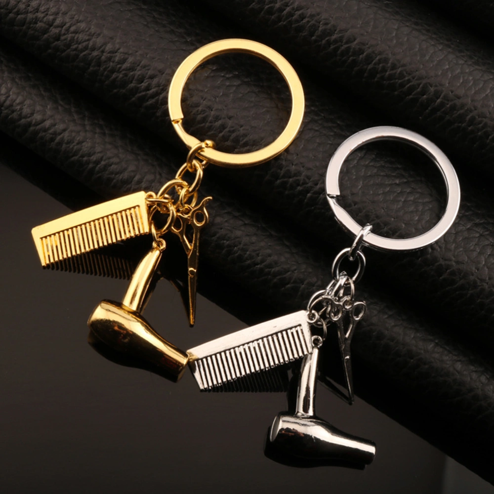 1PC Fashion Hairdresser Hair Dryer Scissor Comb Charm Pendant Keychain Key Ring Creative Accessories (Silver)