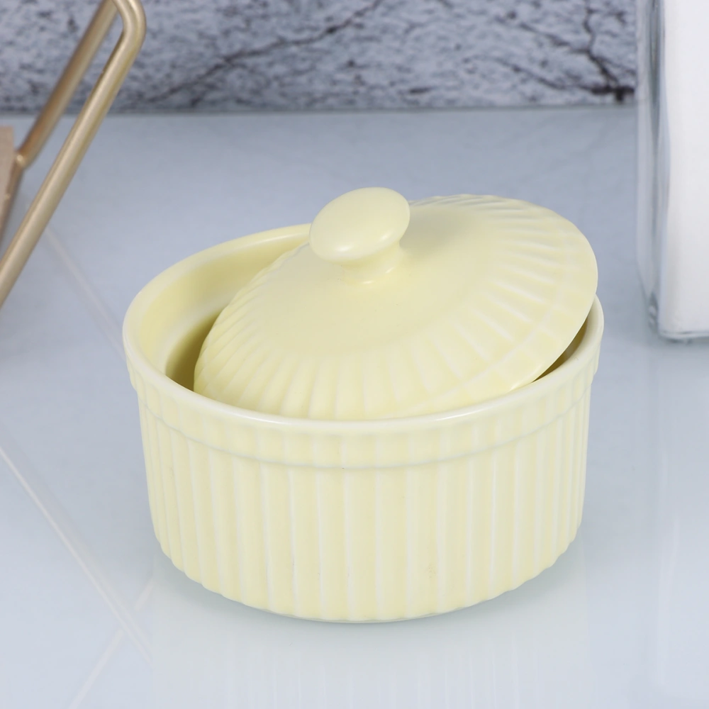 Ceramic Baking Bowl Heat Resistance Bowl Pudding Jelly Cup Dessert Small Bowl for Home Kitchen with Lid (Yellow)