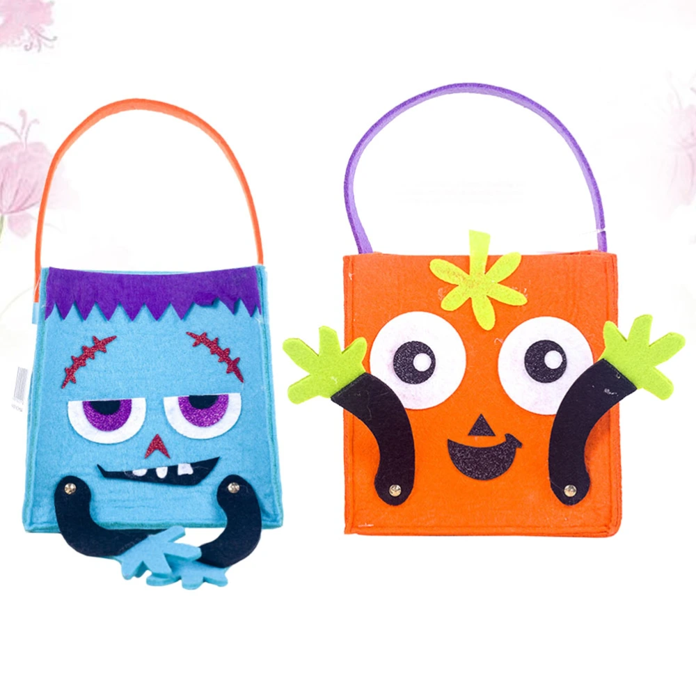 2Pcs Halloween Storage Basket Cartoon Handheld Basket Felt Candy Container Square Basket (Blue, Orange)