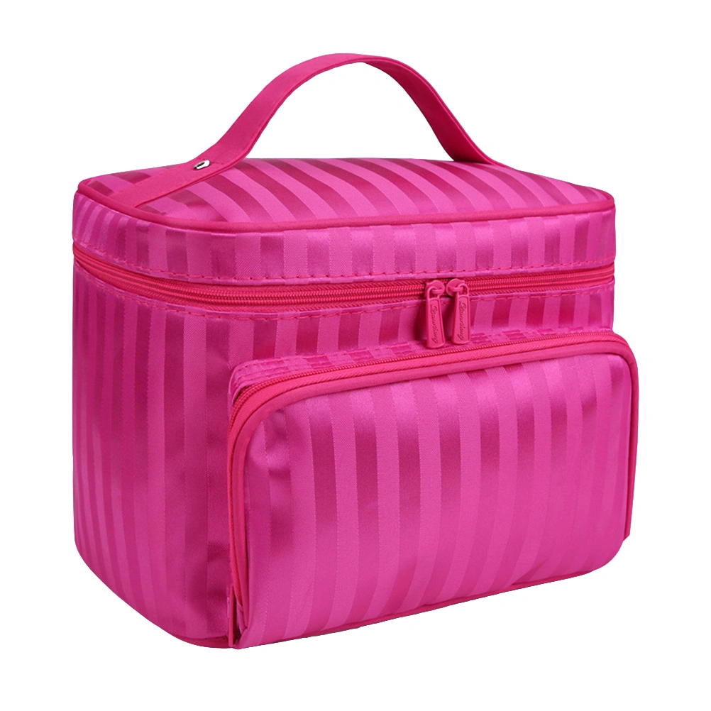 Waterproof Travel Large Capacity Zipper Korean Stripe Cosmetic Bag (Rose Red)