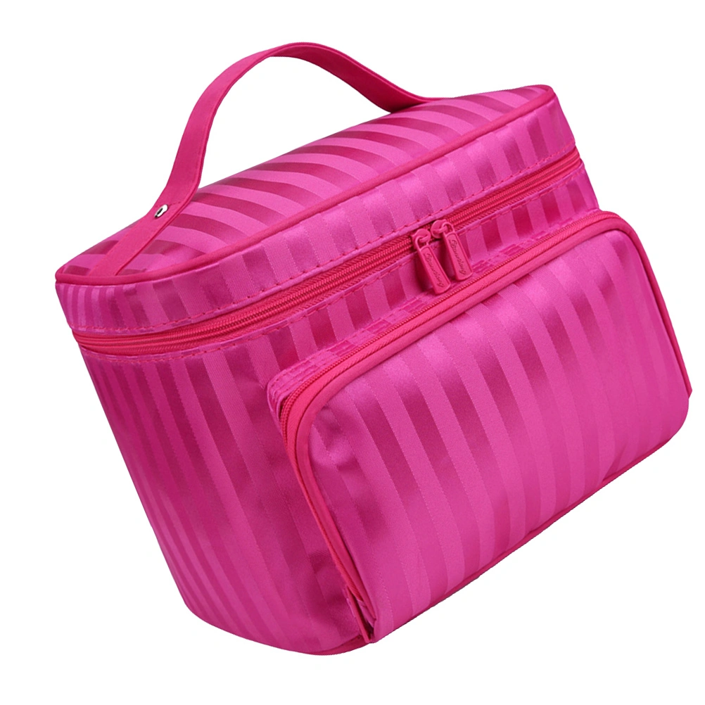 Waterproof Travel Large Capacity Zipper Korean Stripe Cosmetic Bag (Rose Red)
