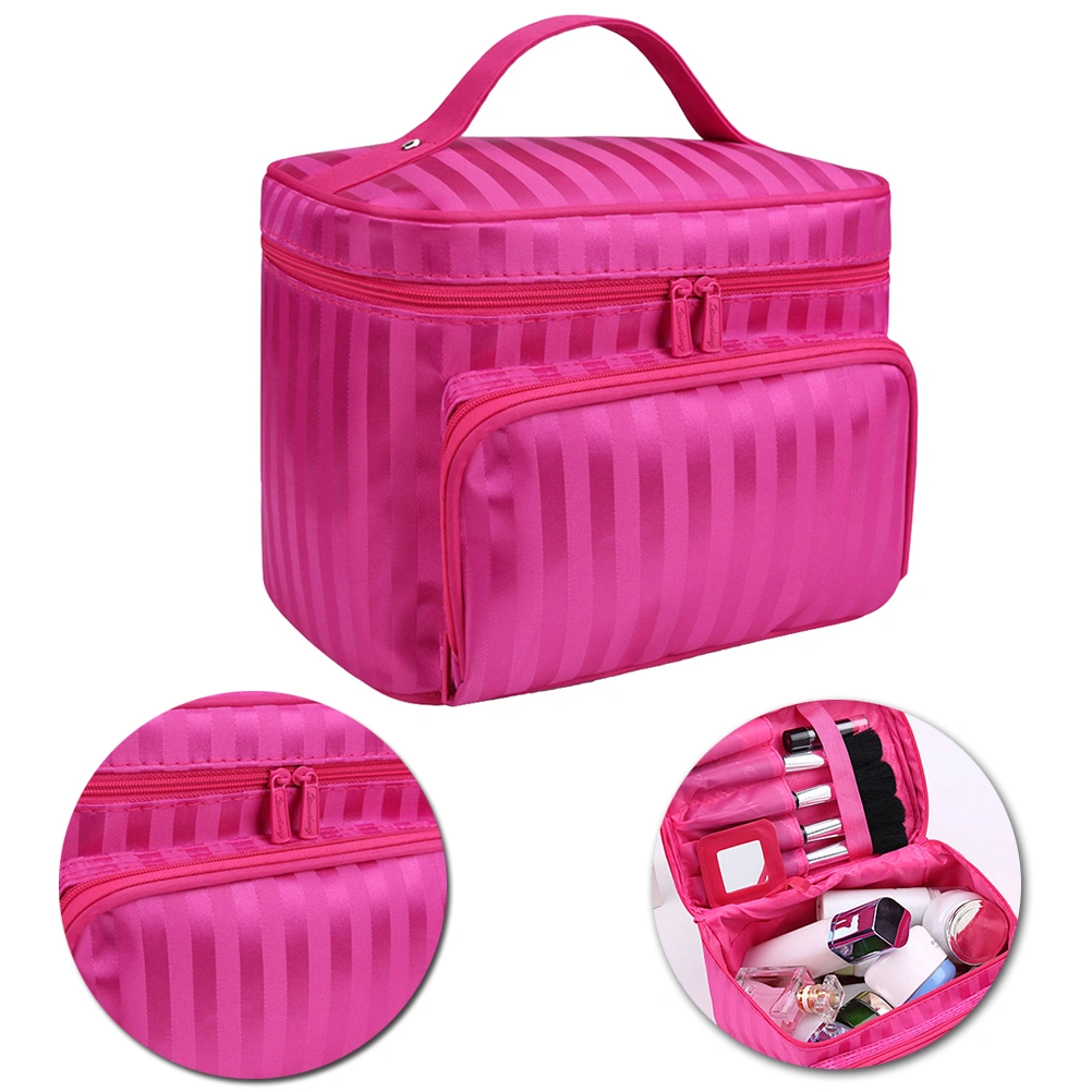 Waterproof Travel Large Capacity Zipper Korean Stripe Cosmetic Bag (Rose Red)