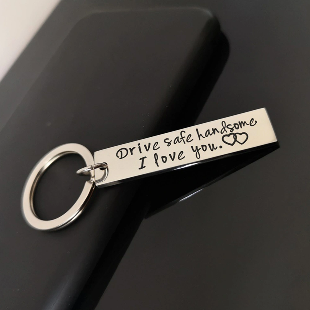 2 Pcs Silver Keychain Purse Keyring Stainless Steel Key Ring Fashionable Gift Hanging Ornament with Engraving Words (Drive Safe Handsome.I love You)