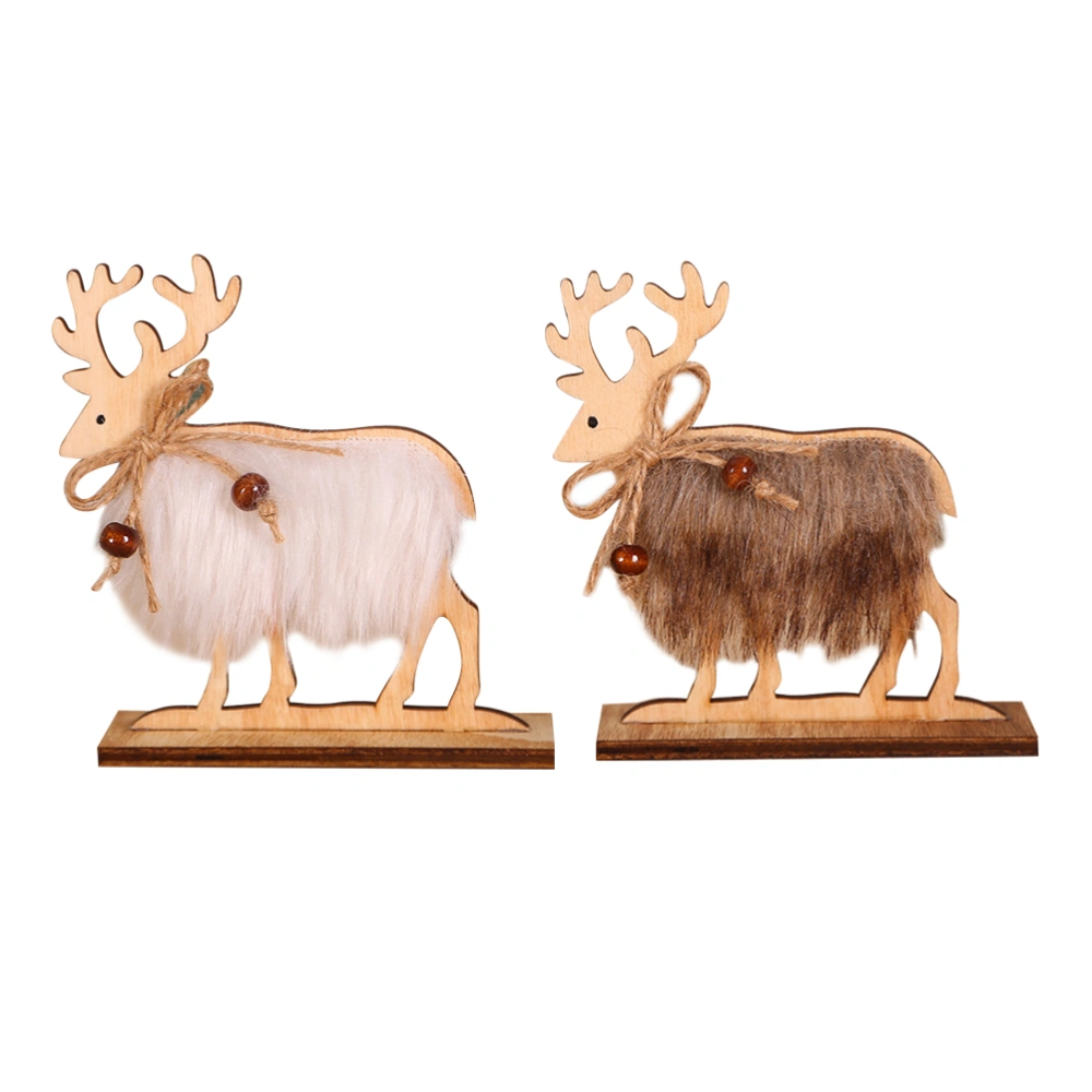 2pcs Wooden Elk Adornment Plush Christmas Elk Toy Playing Toy Party Ornament Decoration Crafts (White Plush and Brown Plush)