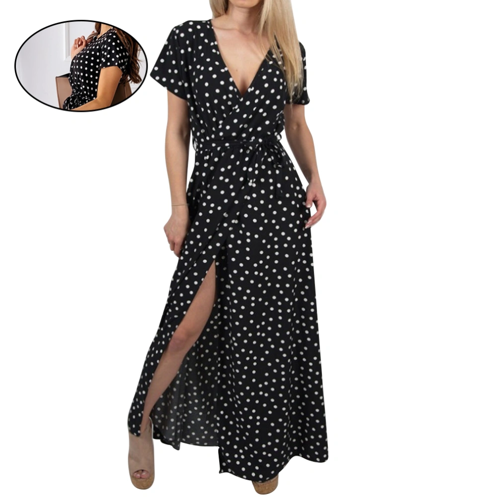 1PC Wave Point One-piece Skirt Sexy V-neck Long Dress Stylish Female Dress Short Sleeve Skirt for Women Wearing (Black Size XXL)