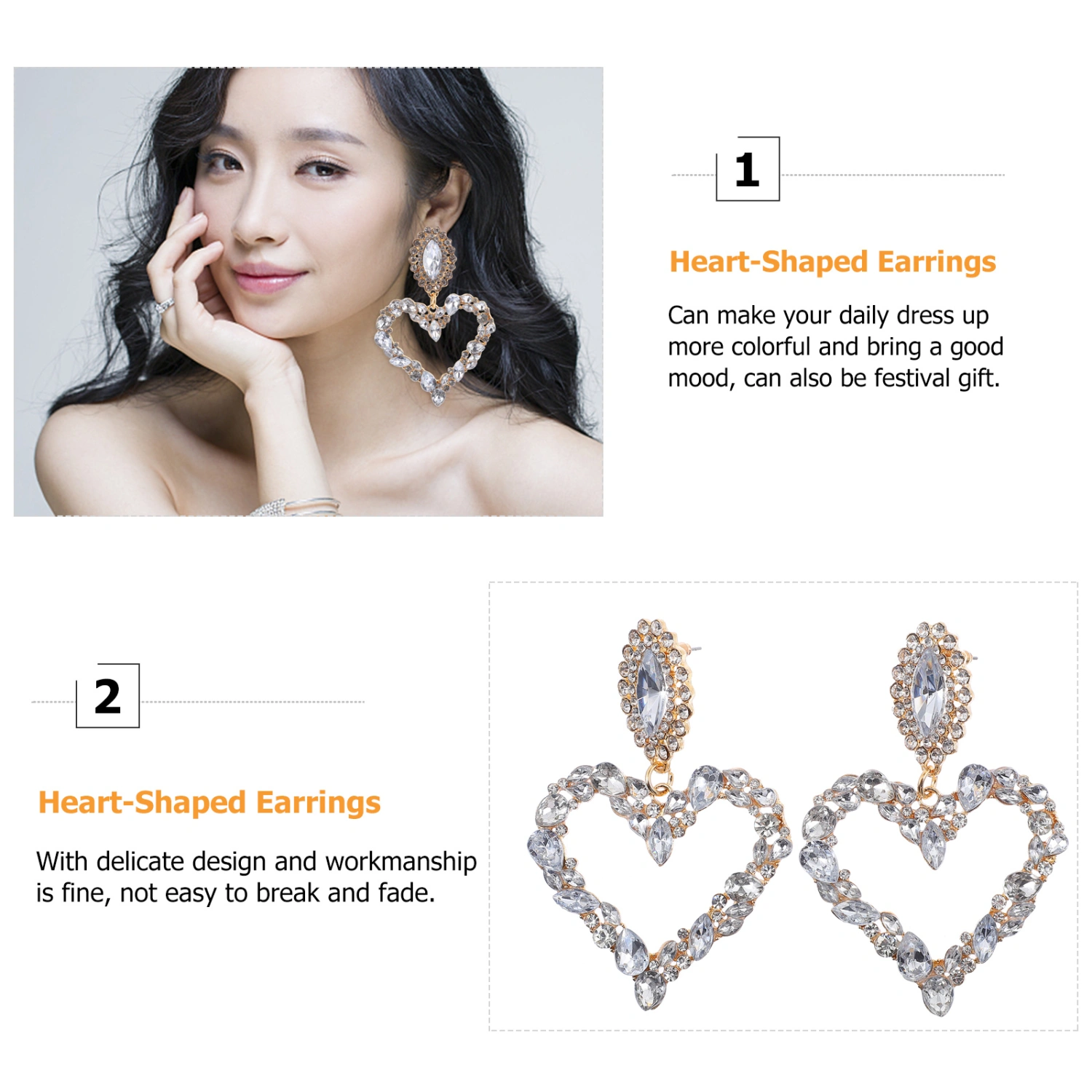 1 Pair Heart-Shaped Shiny Earrings Heart-Shaped Earrings Shiny Retro Earrings