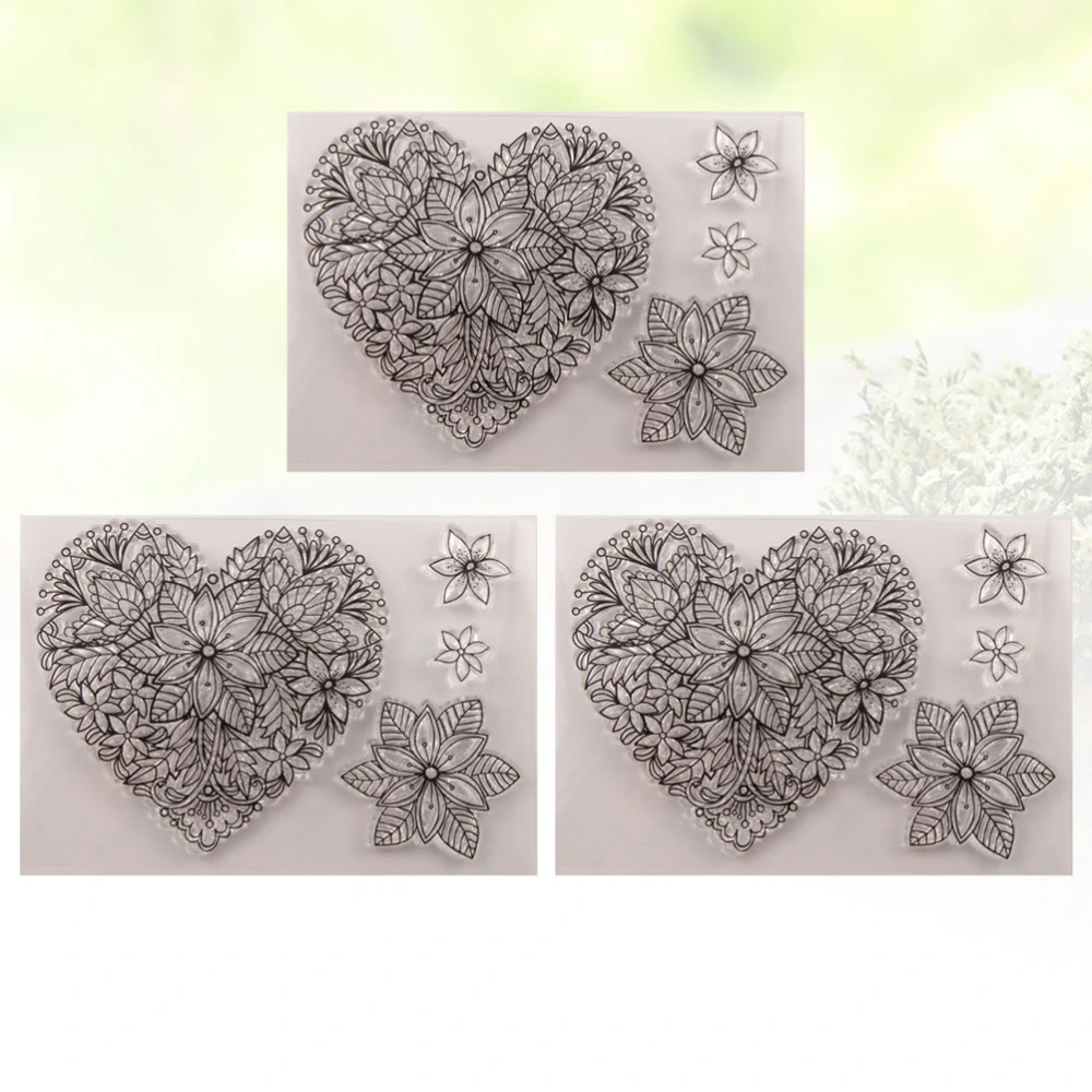 3pcs Heart Design Stamp Sheets Transparent Clear TPR Seal Decorative Flower Stamps for DIY Scrapbooking Craft Photo Album Diary Decoration