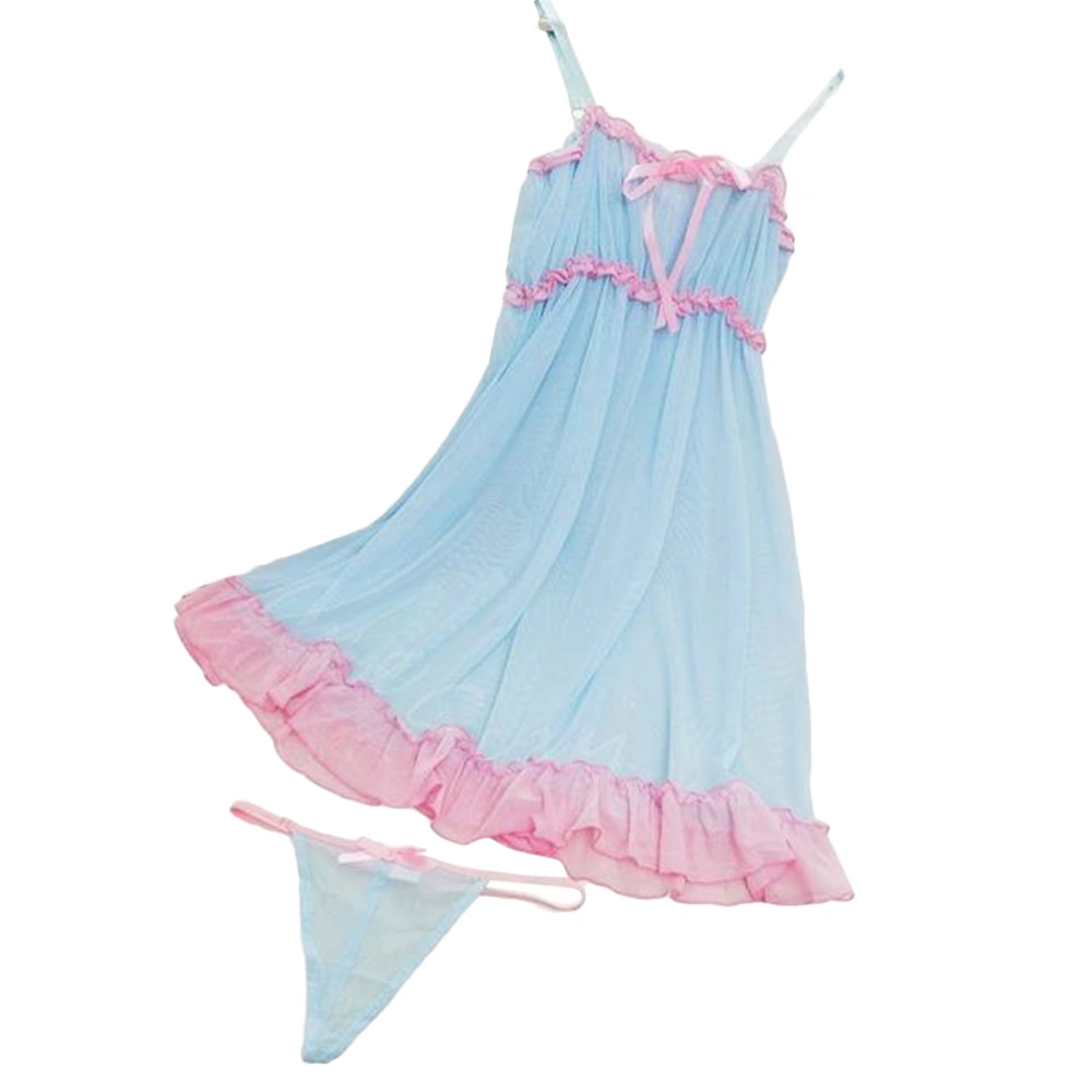 Women Sexy Babydoll Lingerie Lace Sheer Dress Nightwear Lingerie Set(Blue)