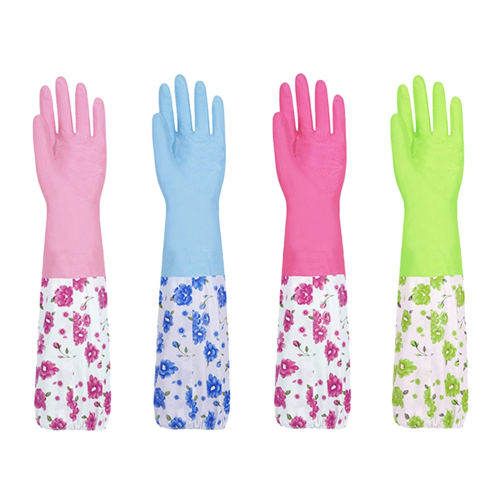 2 Pair Waterproof Kitchen Gloves Drawstring Rubber Gloves Household Gloves Lengthened Dishwashing Gloves for Home Use (Random Color Flower Printing Style)