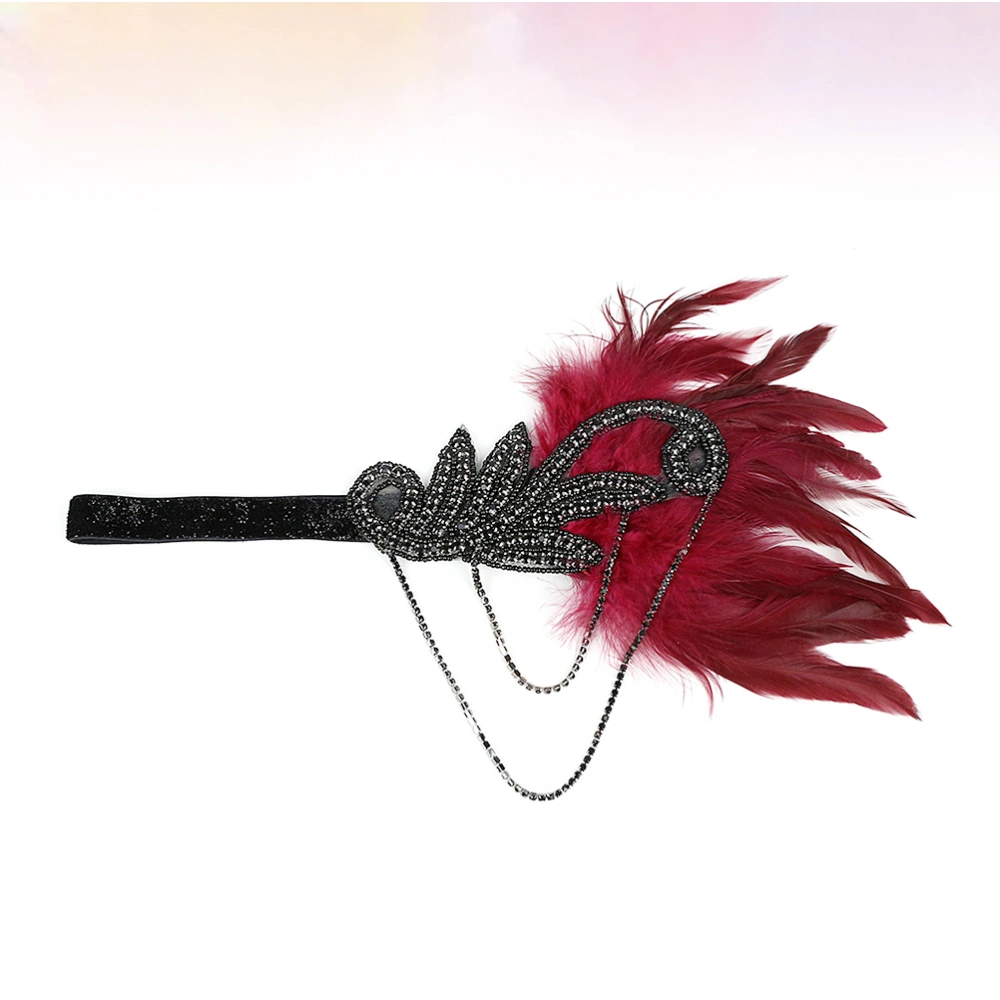 1Pc Feather Rhinestone Headband European Style Retro Hair Band Stage Performance Costume Party Hair Accessories (Claret Feather with Black Rhinestone)