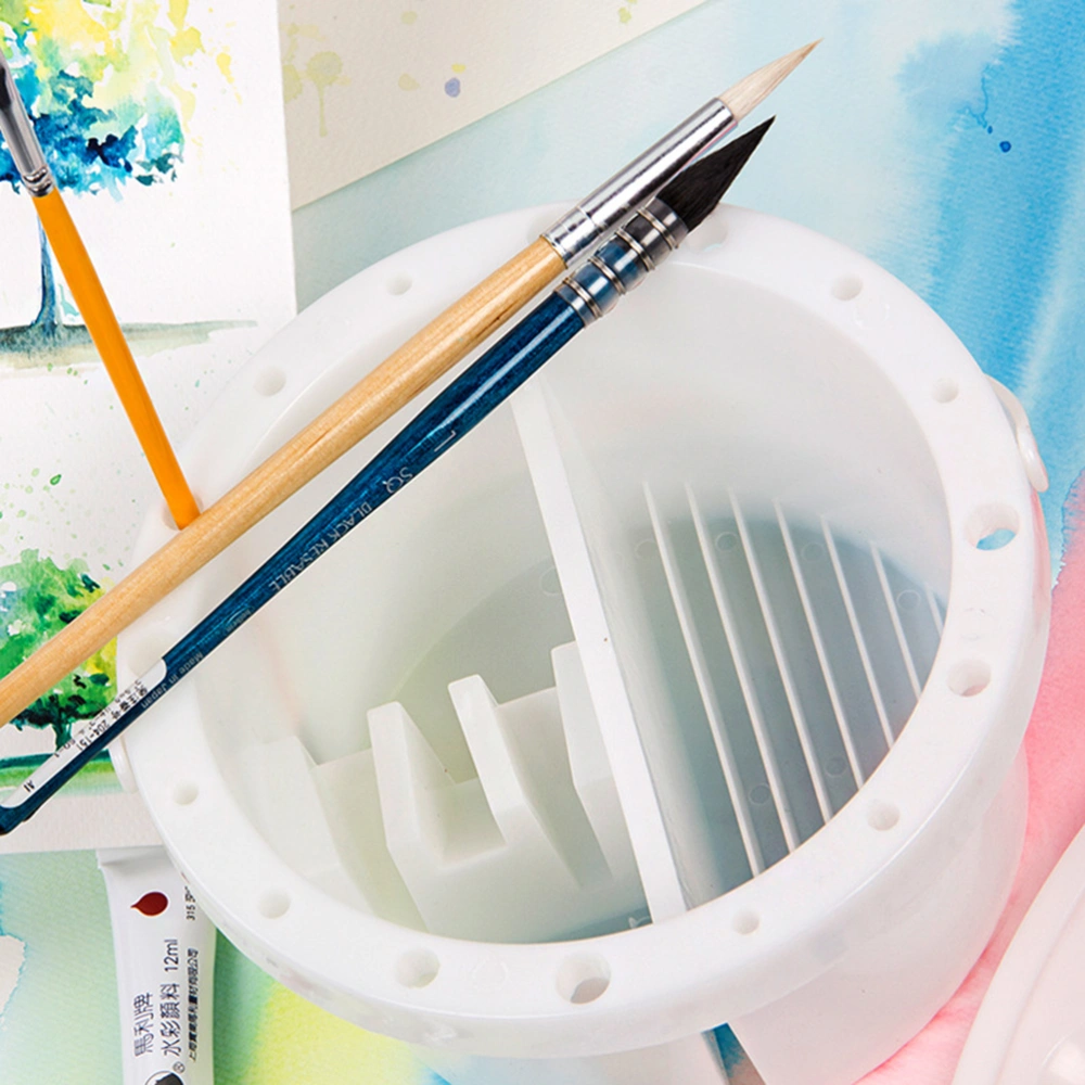 Portable Brush Washing Bucket Paint Brush Tub with Brush Holder and for School Home (White)