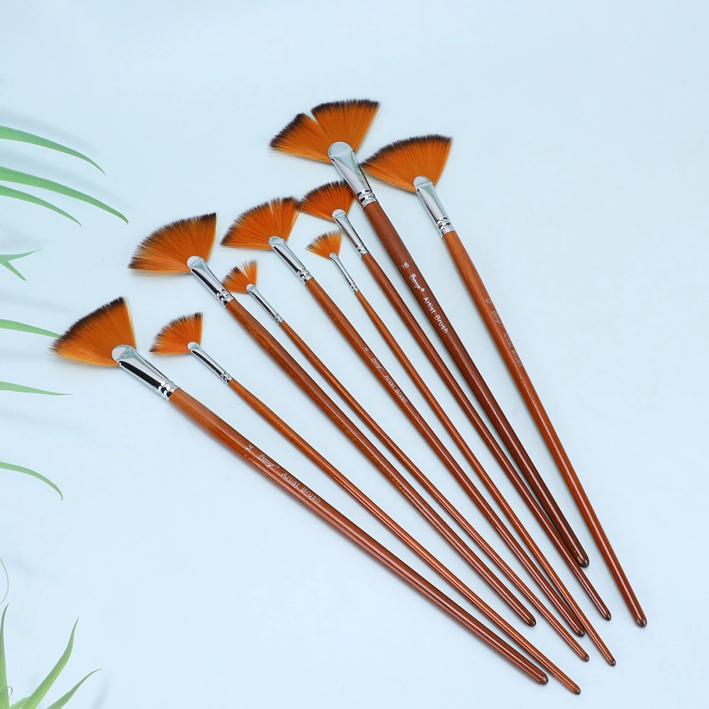 9pcs Fine Arts Pen Brush Nylon Hair Long Rod Fan-Shaped Oil Painting Art Supplies Tools