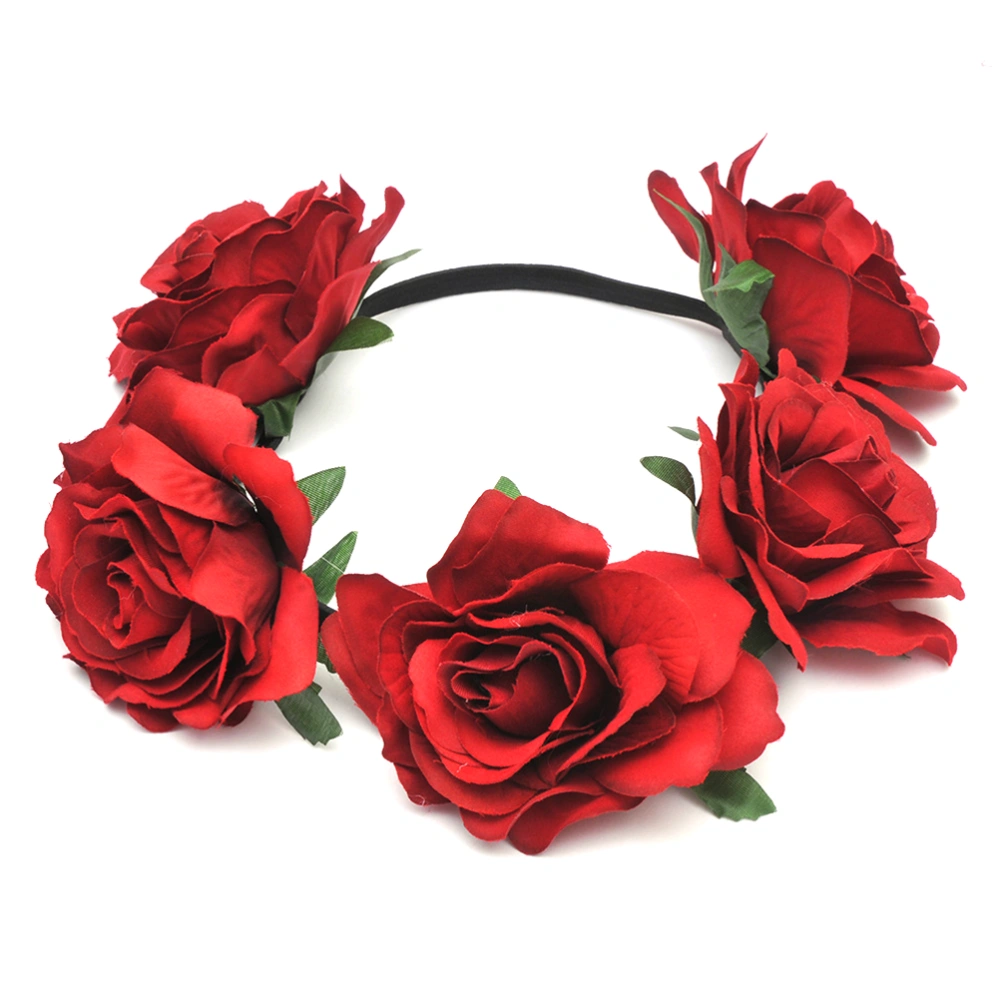 Girl Hawaiian Stretch Rose Flower Headband Floral Crown Garland for Holiady Wedding Party (Dark Red)