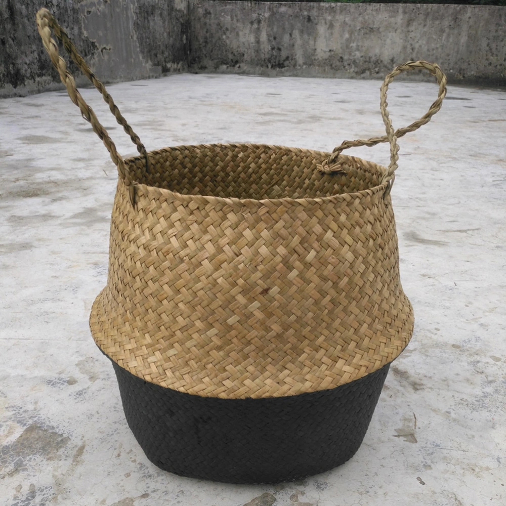 Woven Seagrass Storage Pot Folding Plant Basket Flower Bellied Basket Decor for Home Office Garden (L32*28, Black Bottom)