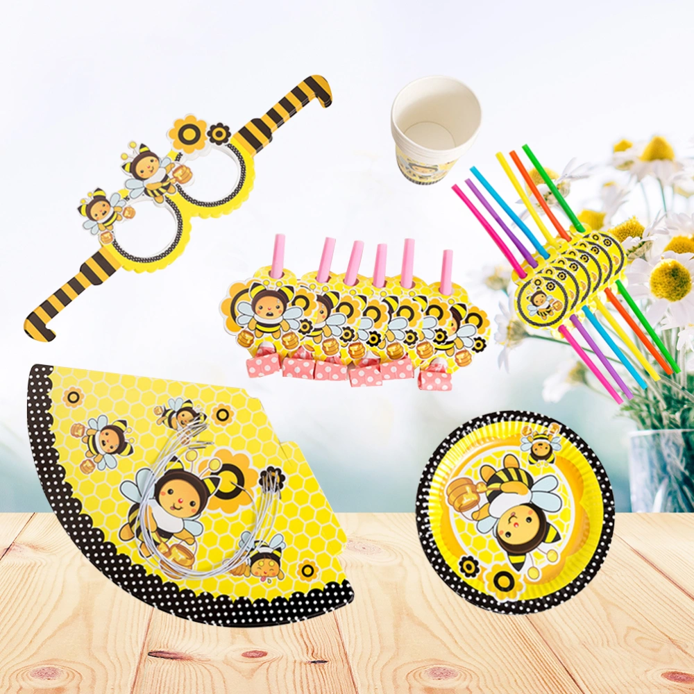 36pcs in set Bee Theme Birthday Party Festive Supplies Decoration Set for Children Kids(Paper Cup+ Random Style Straw+ Plate+ Glasses+ Blowouts Whistles+ Hat)