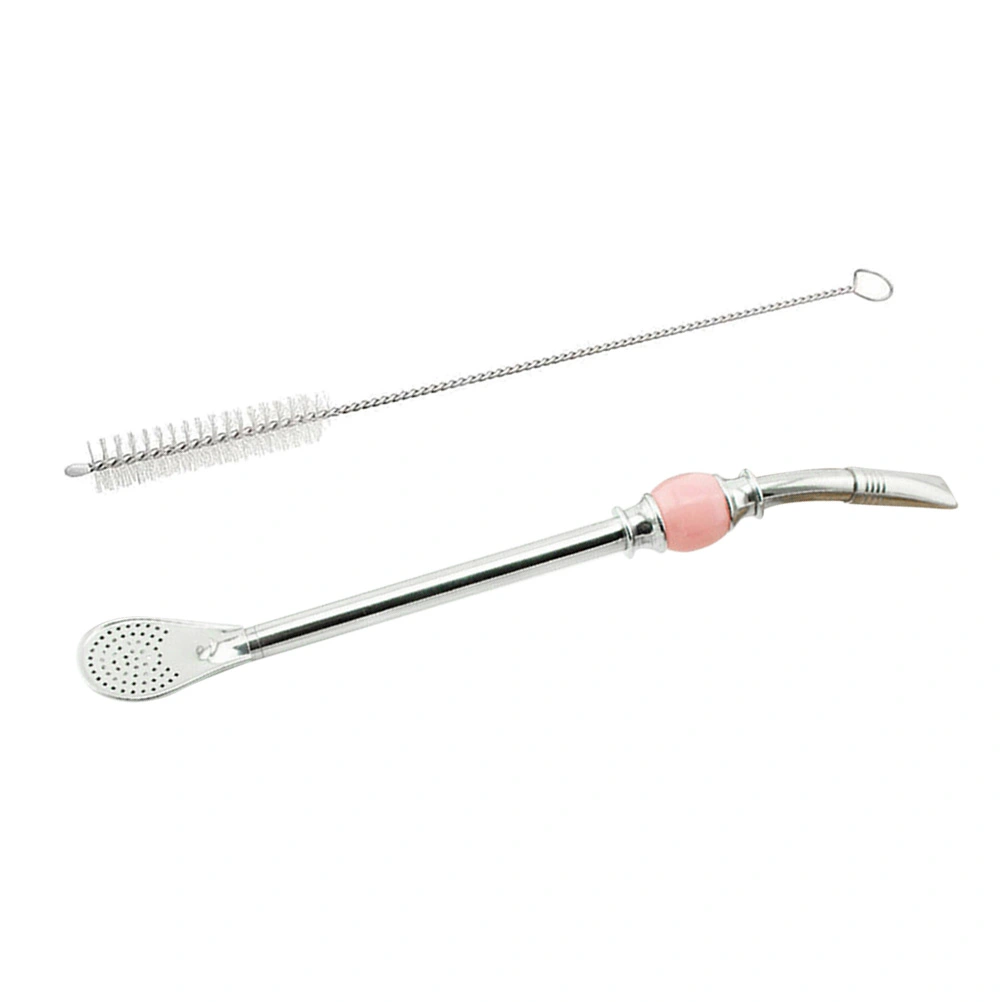 Creative Stainless Steel Straw Spoon with Cleaning Brush Filter Drinking Spoons Stirring Barware (Pink)