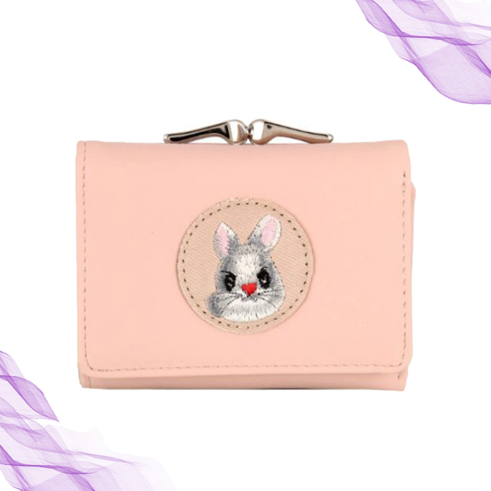 Light Pink Embroidery Rabbit Purse Short Coin Bag Buckle Small Wallet Girls Fashion Portable Change Purse